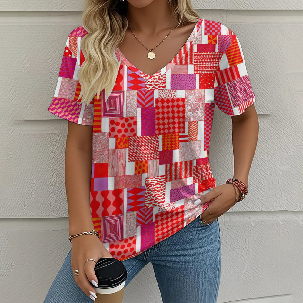 Summer Vintage Women's T-shirt Casual Plaid Pattern Printed Clothing