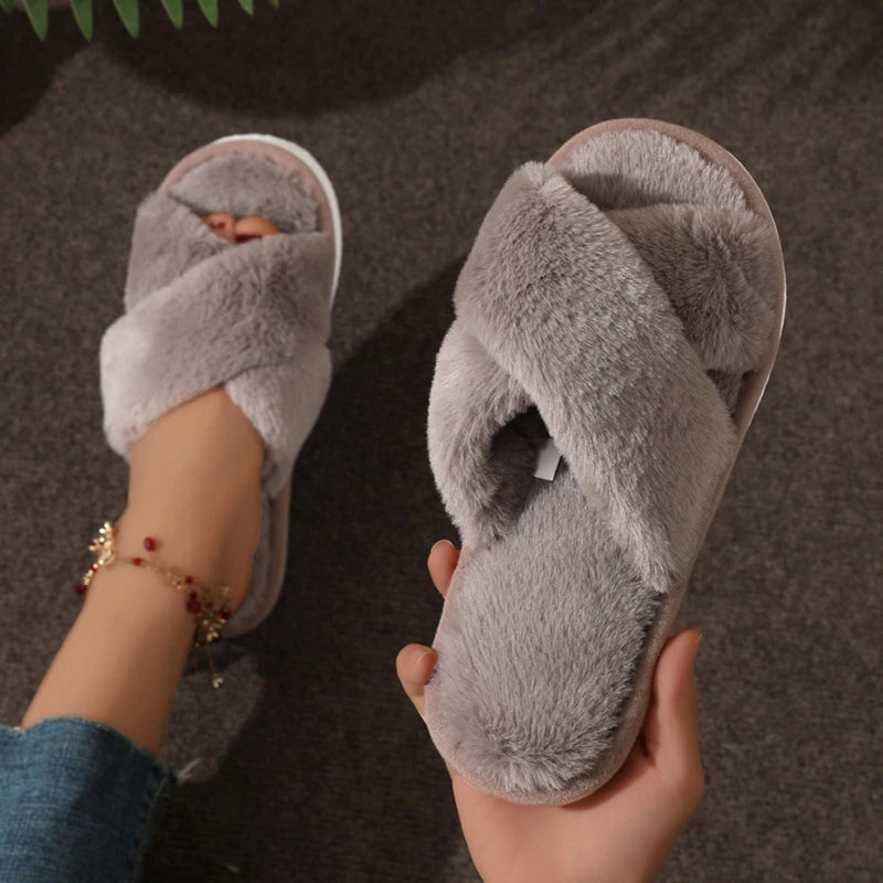 Cross Warm Slippers – Women’s Furry Flats