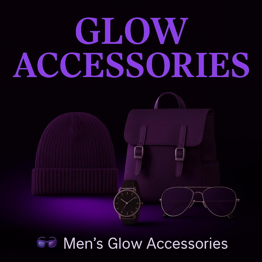 “Glow Accessories collection — stylish purple hat, scarf, and sunglasses on lavender gradient background, RocWearVibes fashion accessories.”