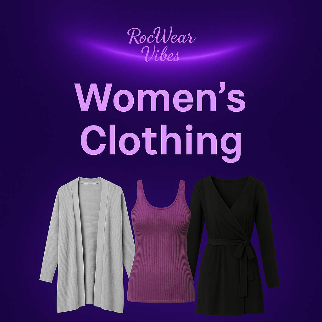 Women’s Clothing collection banner with a purple and lavender RocWearVibes glow background featuring stylish dresses, tops, and chic fashion outfits.