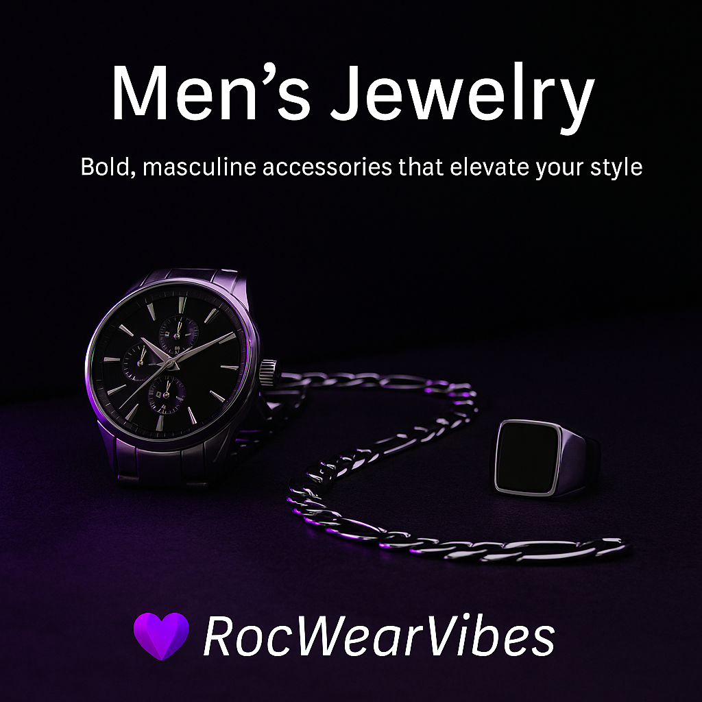 “Men’s Jewelry collection image in purple RocWearVibes glow theme featuring modern chains, bracelets, and accessories.”