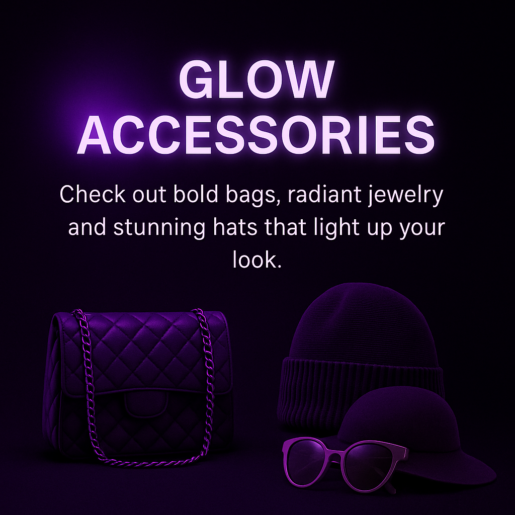 “RocWearVibes Women’s Glow Accessories — elegant handbags, sunglasses, hats, and jewelry glowing in soft purple neon light with luxury feminine style.”