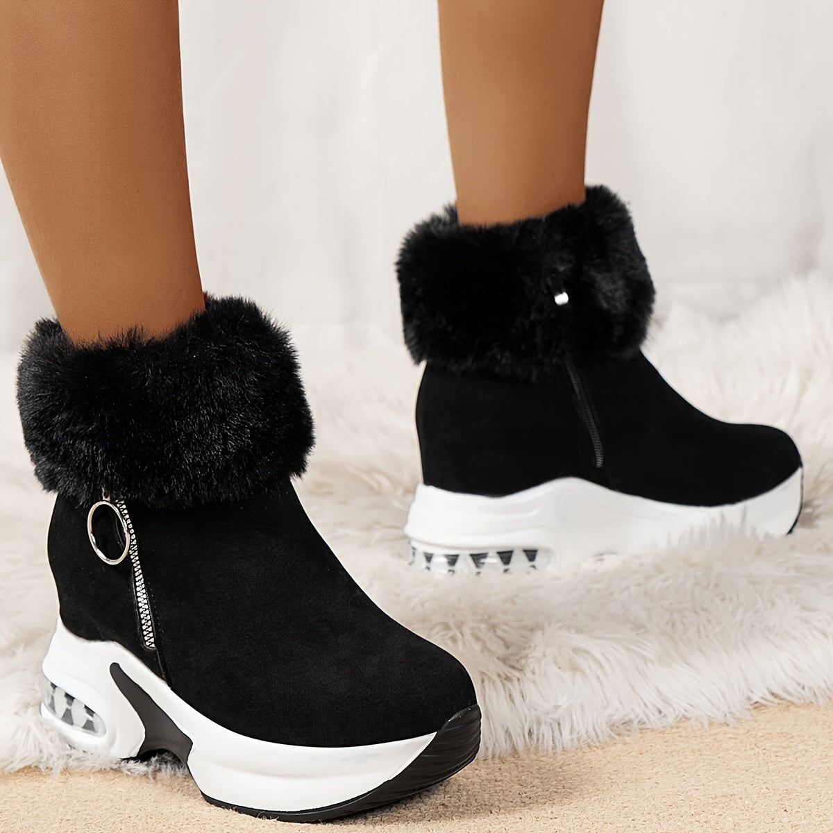 Zipper Closure Winter Shoes with Thick Platform Heel (Non-Slip PU Sole)