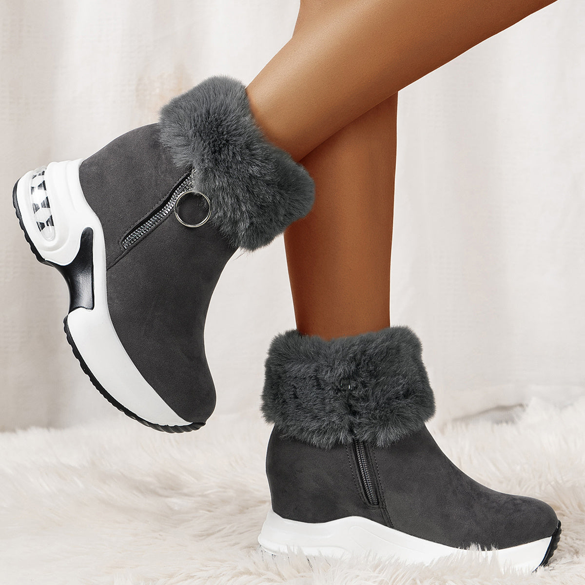 Zipper Closure Winter Shoes with Thick Platform Heel (Non-Slip PU Sole)