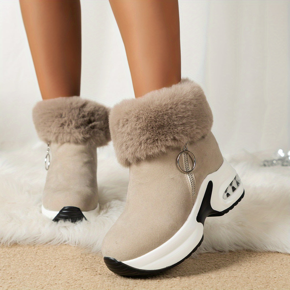 Zipper Closure Winter Shoes with Thick Platform Heel (Non-Slip PU Sole)