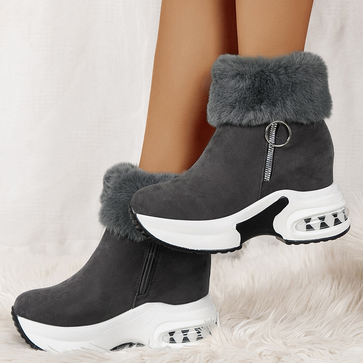 Zipper Closure Winter Shoes with Thick Platform Heel (Non-Slip PU Sole)