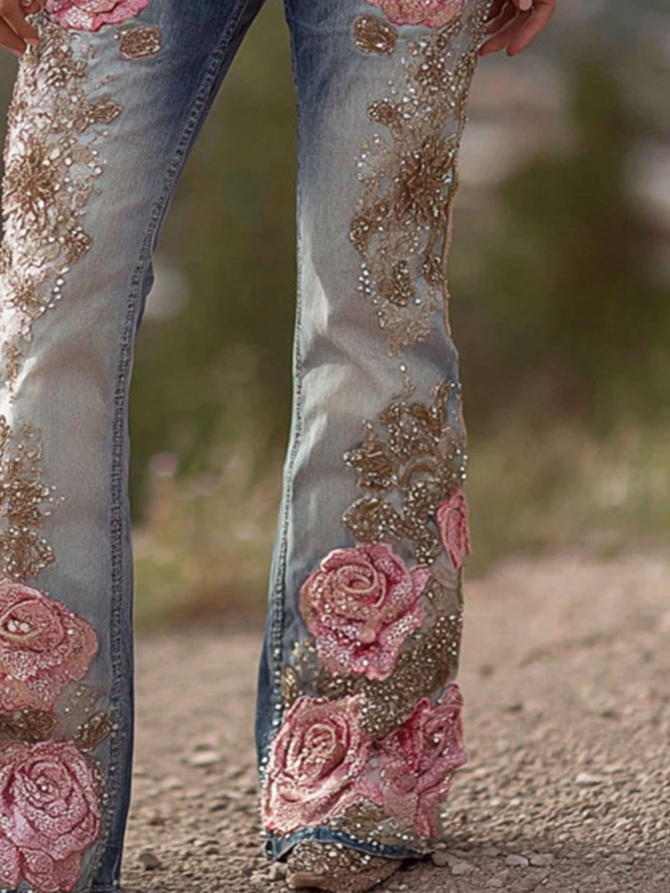 Women'S Elegant Bohemian Denim-Style Floral Print Straight Leg Trousers