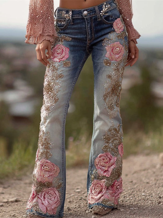 Women'S Elegant Bohemian Denim-Style Floral Print Straight Leg Trousers