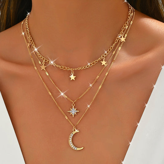 Golden Bohemian Necklace – Star & Moon Layers