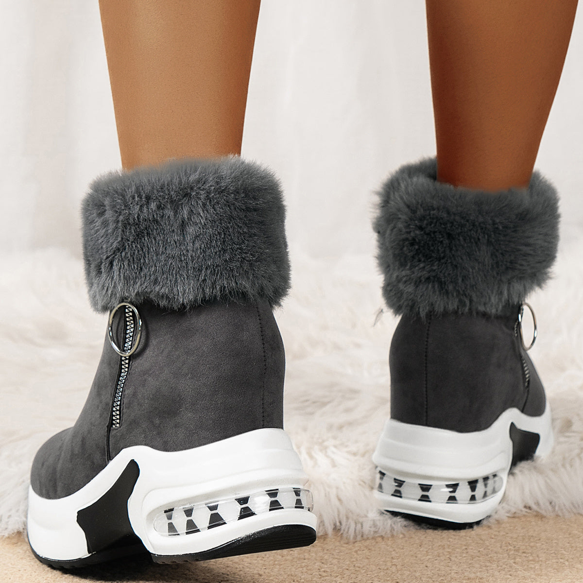 Zipper Closure Winter Shoes with Thick Platform Heel (Non-Slip PU Sole)