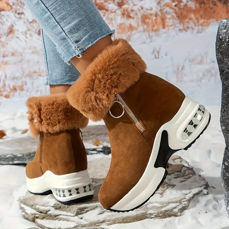 Zipper Closure Winter Shoes with Thick Platform Heel (Non-Slip PU Sole)