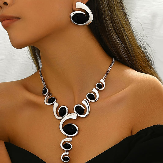 Black Spiral Rhinestone Jewelry Set – 2 Piece