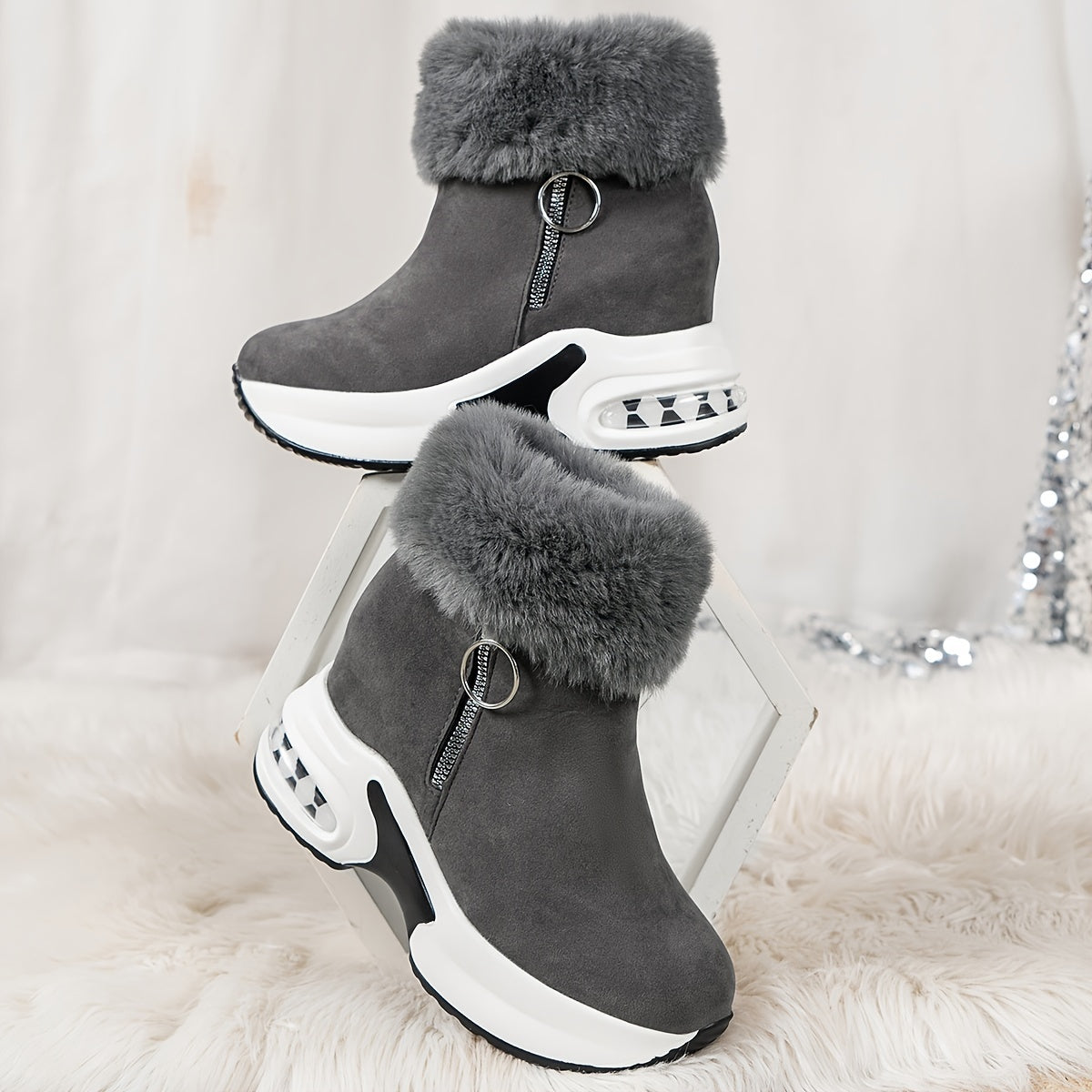 Zipper Closure Winter Shoes with Thick Platform Heel (Non-Slip PU Sole)