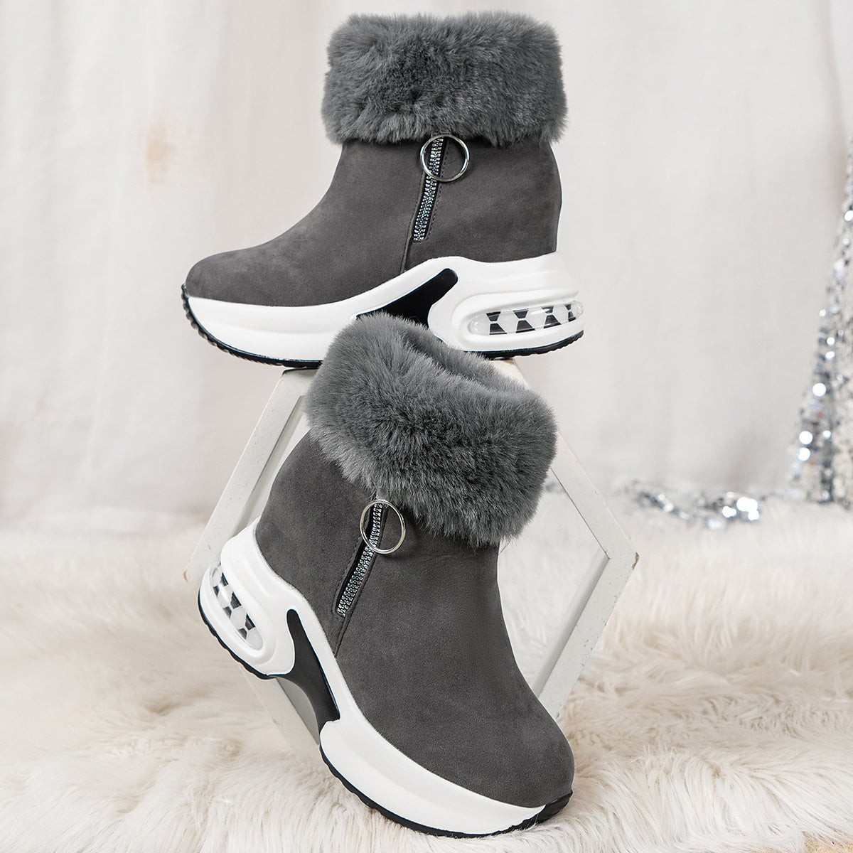 Zipper Closure Winter Shoes with Thick Platform Heel (Non-Slip PU Sole)