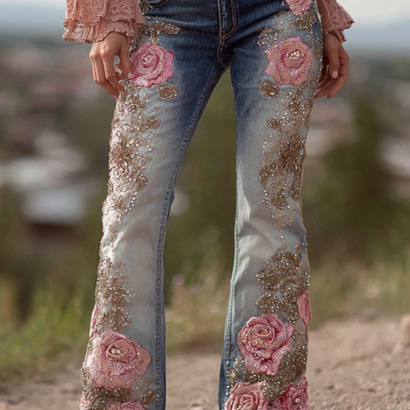 Women'S Elegant Bohemian Denim-Style Floral Print Straight Leg Trousers