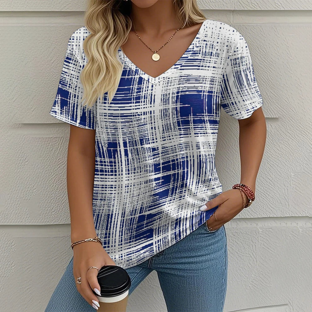 Summer Vintage Women's T-shirt Casual Plaid Pattern Printed Clothing
