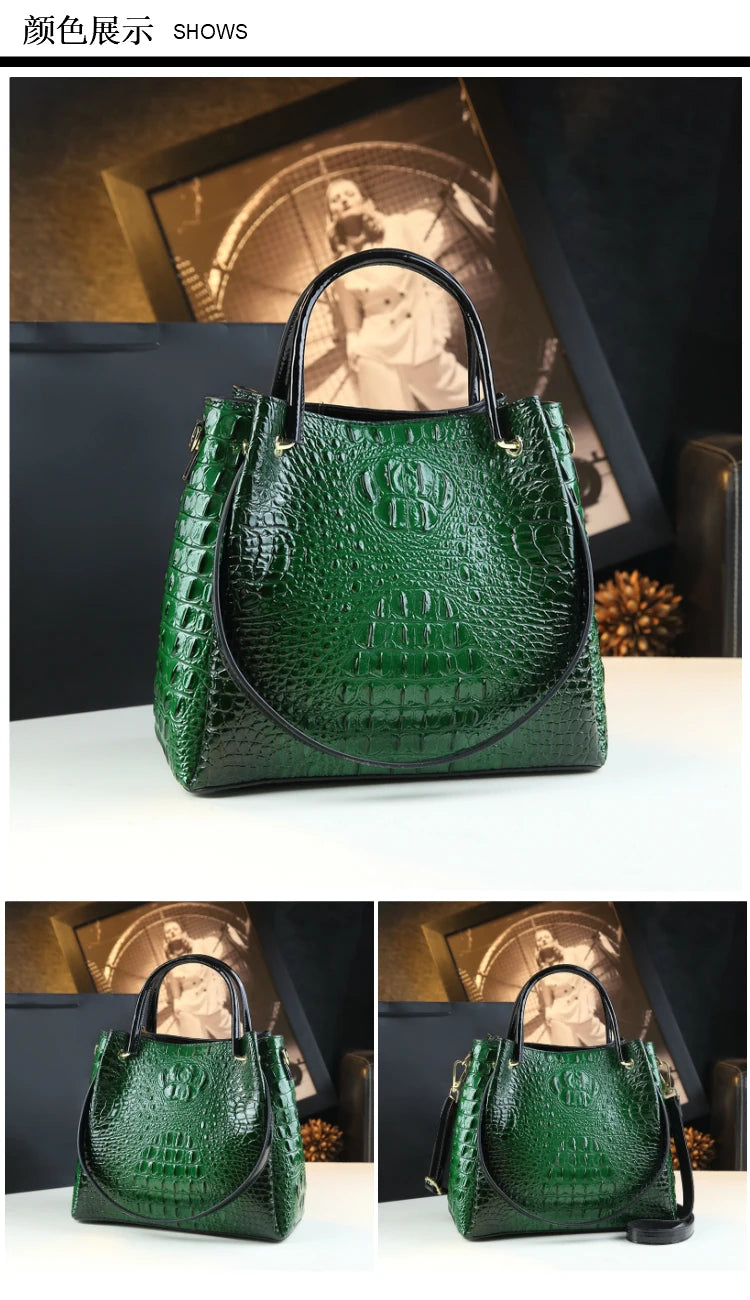 Genuine Leather Women’s Handbag – Retro Crocodile Bucket Bag