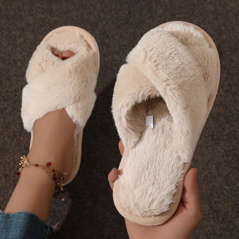 Cross Warm Slippers – Women’s Furry Flats