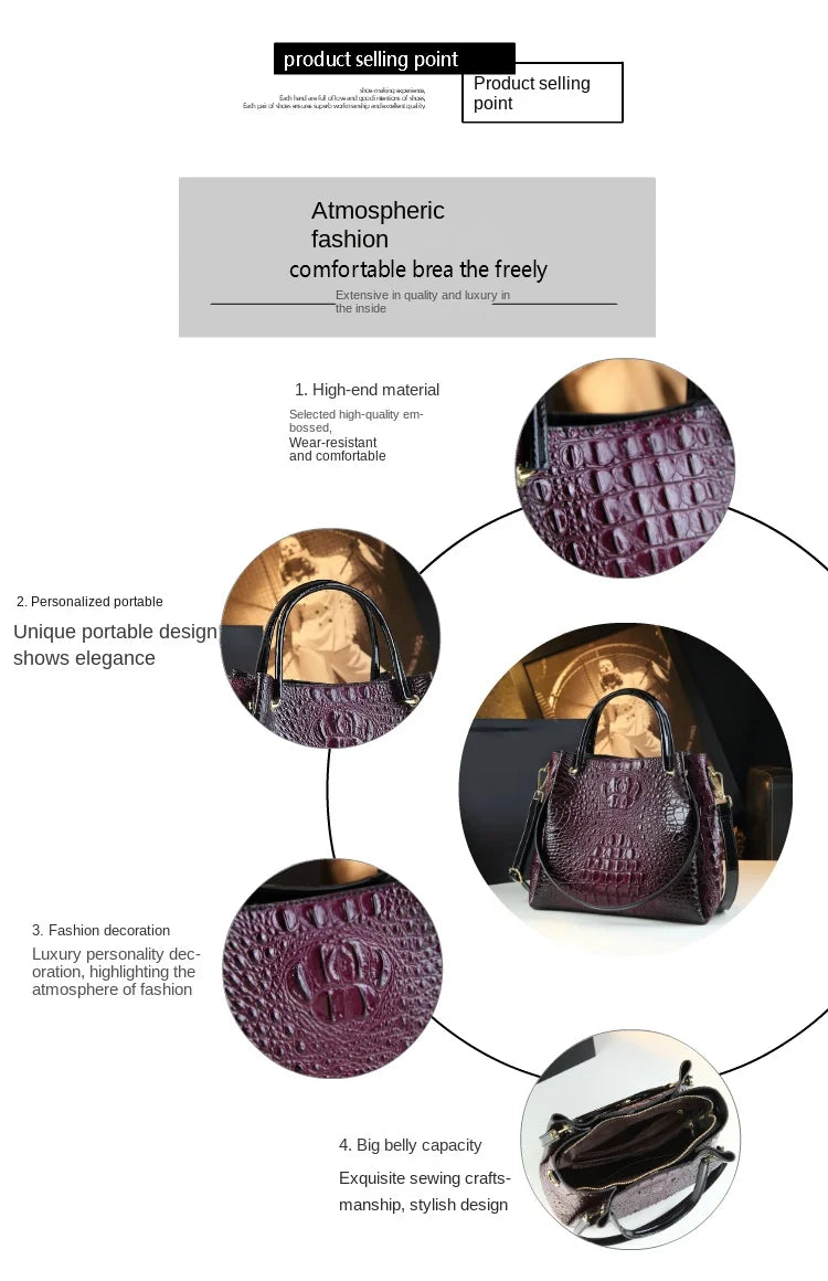 Genuine Leather Women’s Handbag – Retro Crocodile Bucket Bag