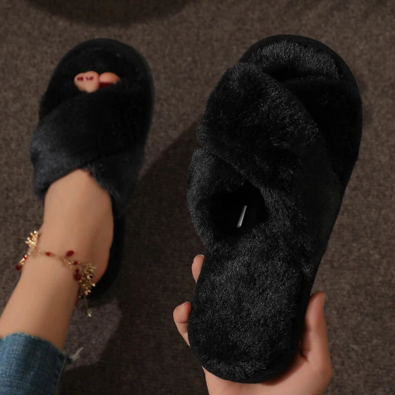 Cross Warm Slippers – Women’s Furry Flats