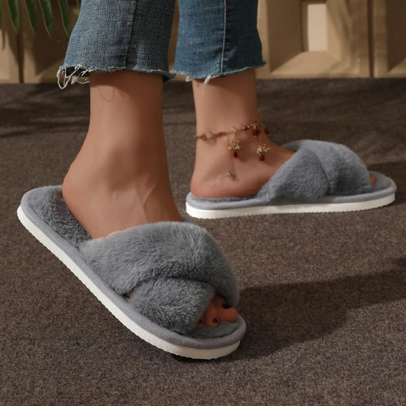 Cross Warm Slippers – Women’s Furry Flats