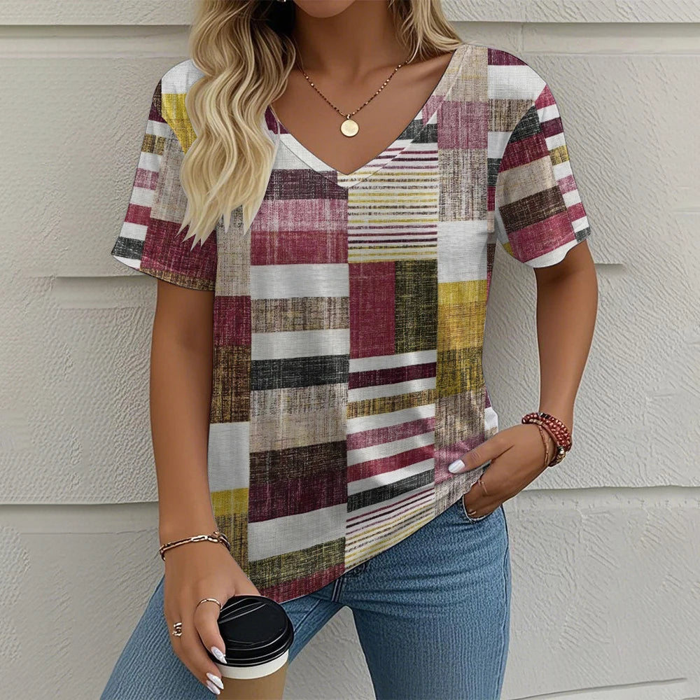 Summer Vintage Women's T-shirt Casual Plaid Pattern Printed Clothing
