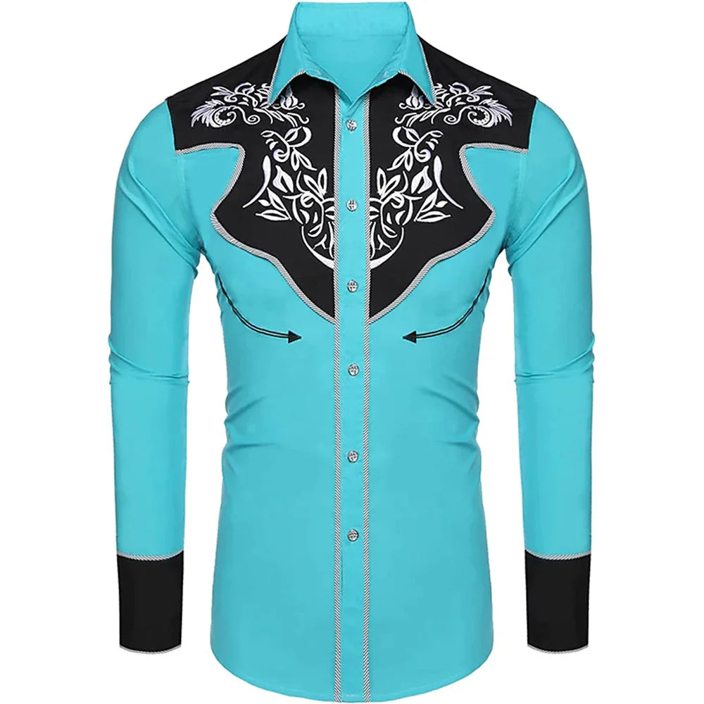 men's western printed long -sleeved lapel single -breasted shirt