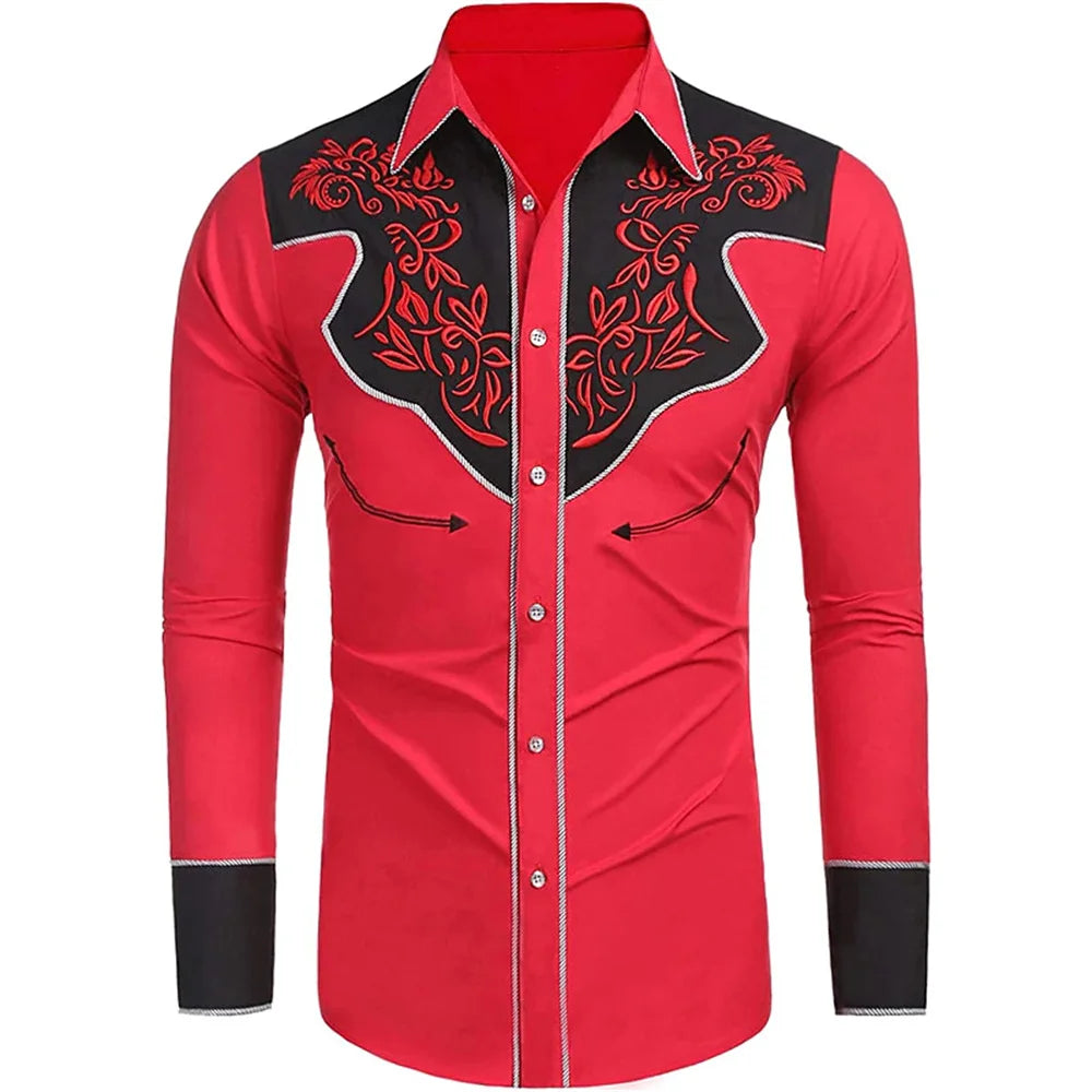 men's western printed long -sleeved lapel single -breasted shirt