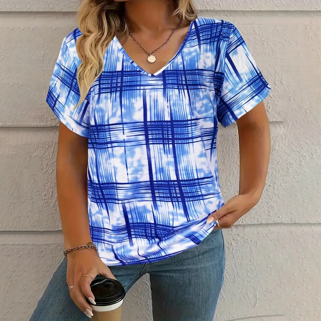 Summer Vintage Women's T-shirt Casual Plaid Pattern Printed Clothing