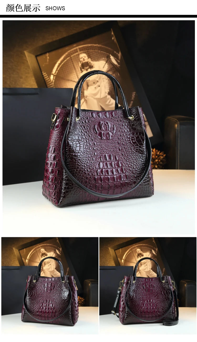 Genuine Leather Women’s Handbag – Retro Crocodile Bucket Bag