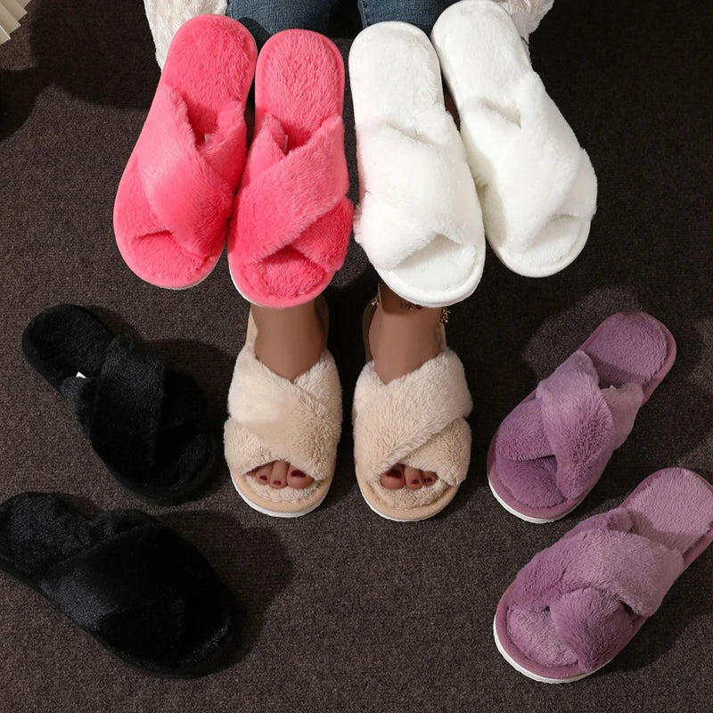 Cross Warm Slippers – Women’s Furry Flats