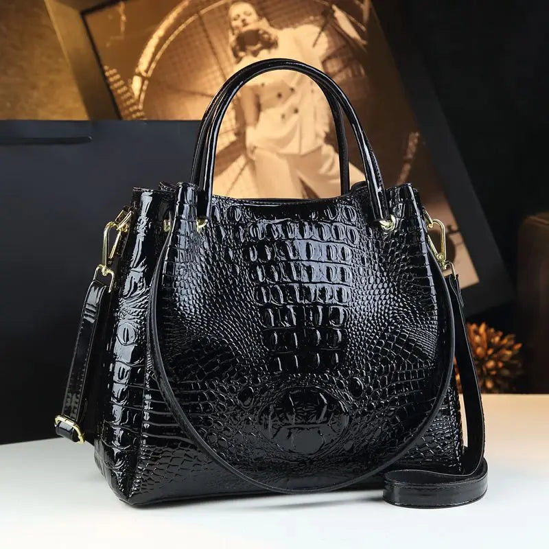Genuine Leather Women’s Handbag – Retro Crocodile Bucket Bag