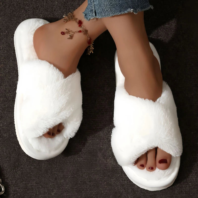 Cross Warm Slippers – Women’s Furry Flats