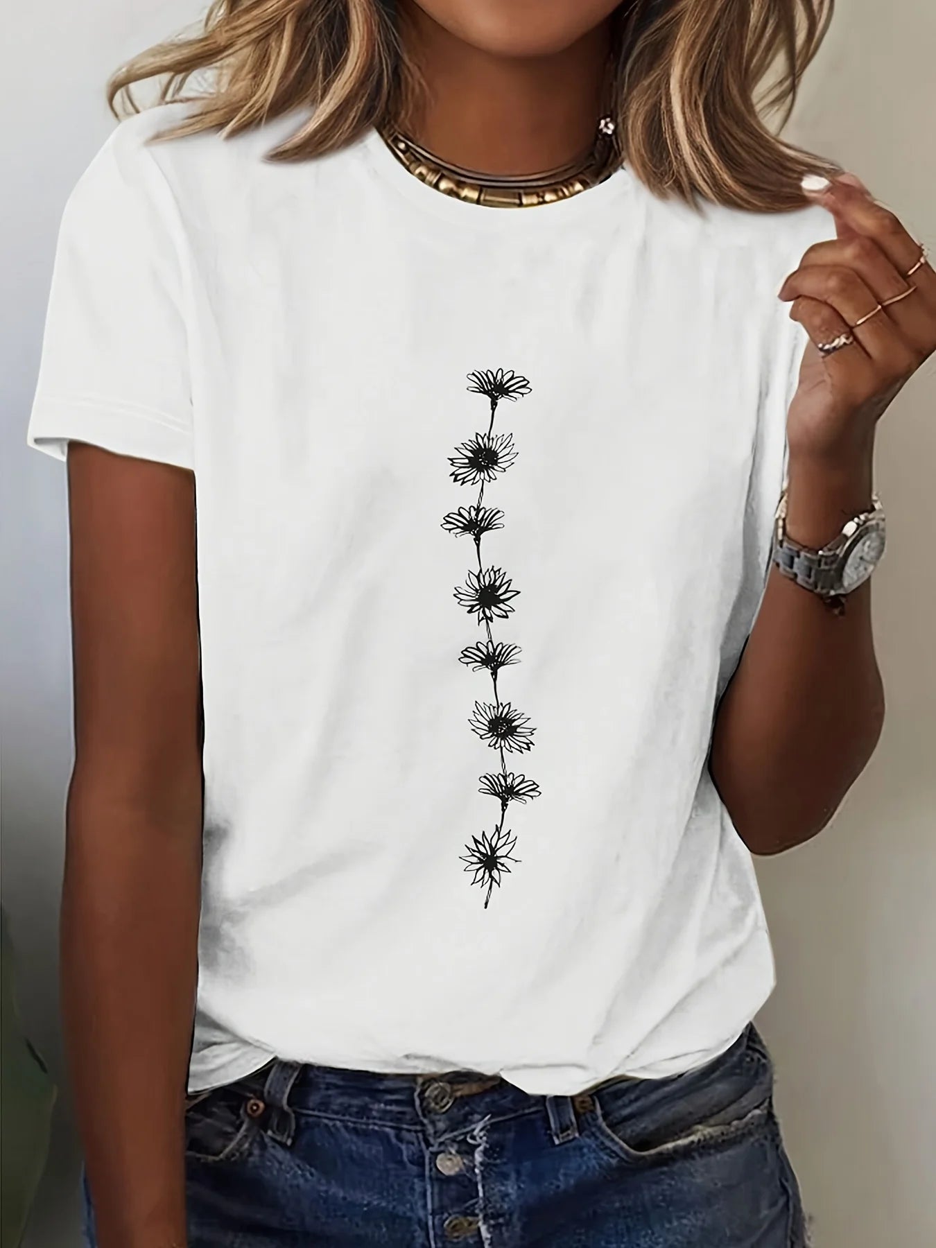 Women'S Casual Sunflower Print T-Shirt