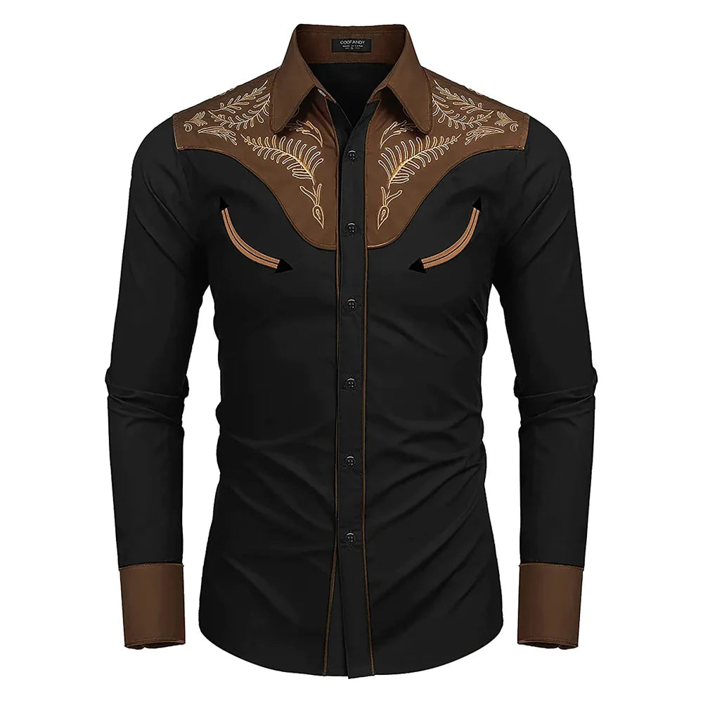 men's western printed long -sleeved lapel single -breasted shirt