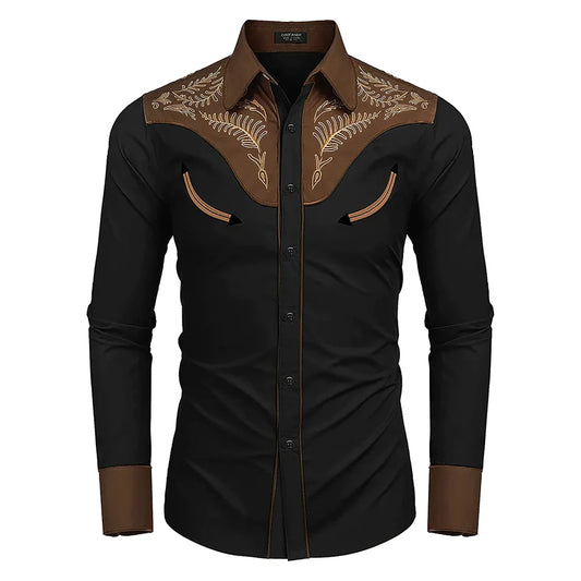 men's western printed long -sleeved lapel single -breasted shirt