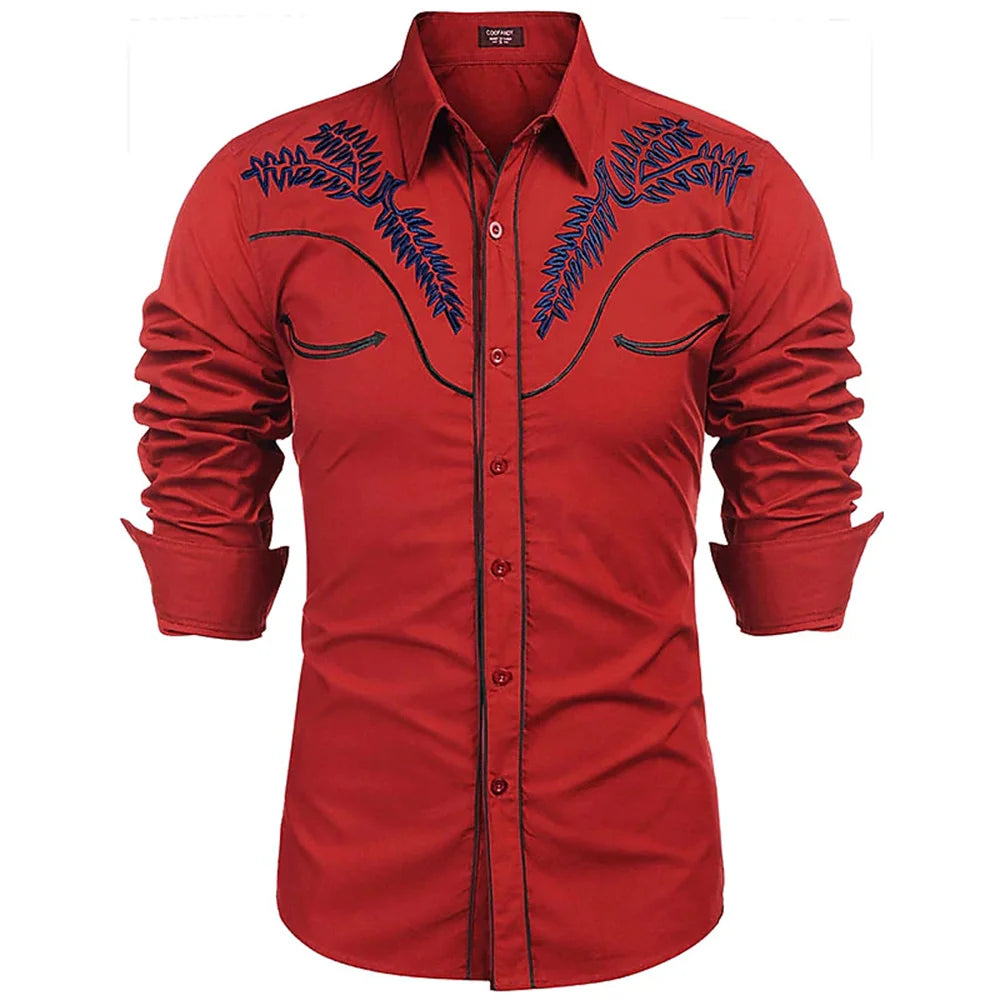 men's western printed long -sleeved lapel single -breasted shirt