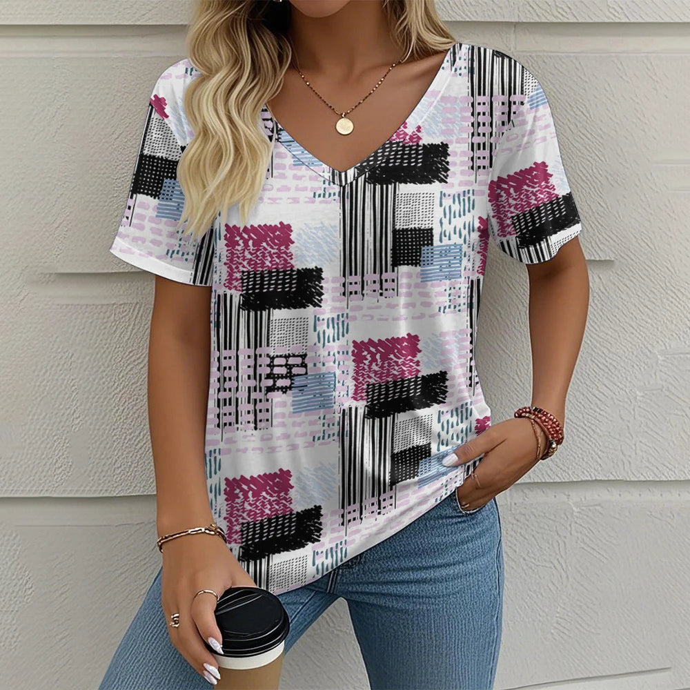 Summer Vintage Women's T-shirt Casual Plaid Pattern Printed Clothing