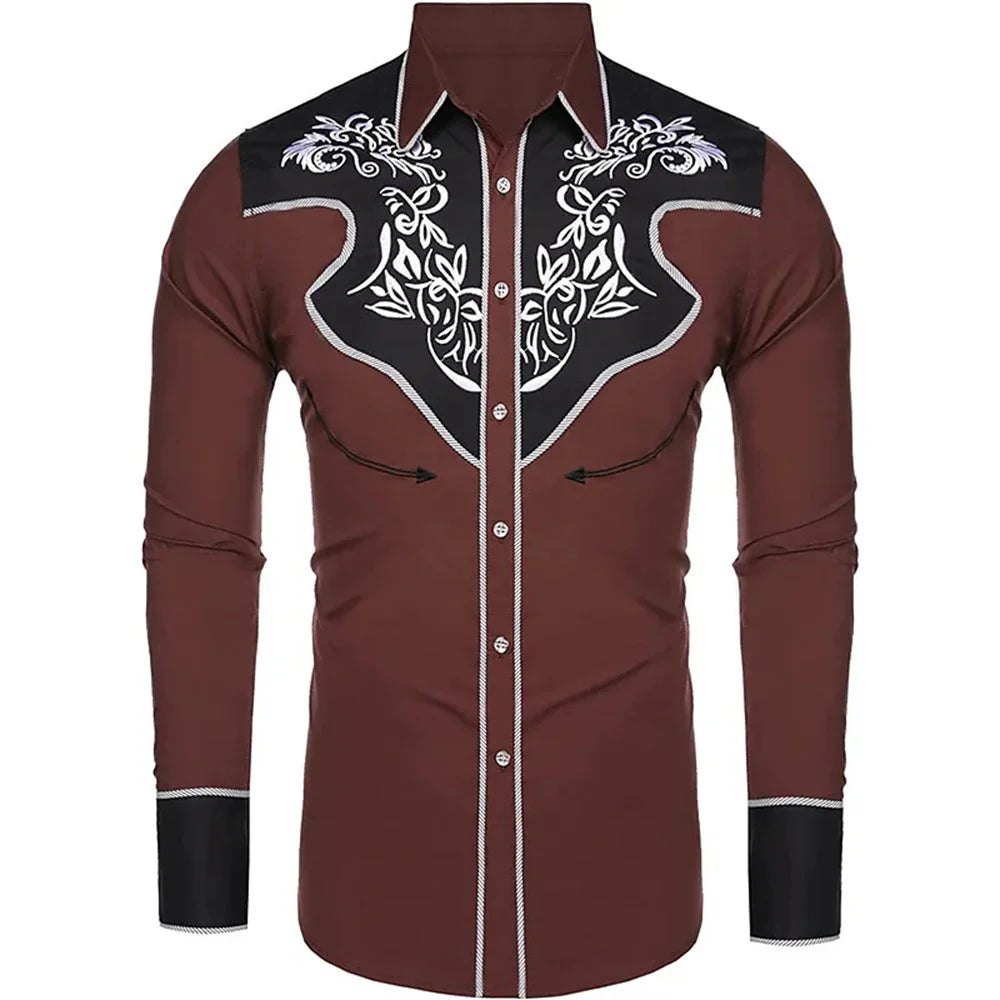 men's western printed long -sleeved lapel single -breasted shirt