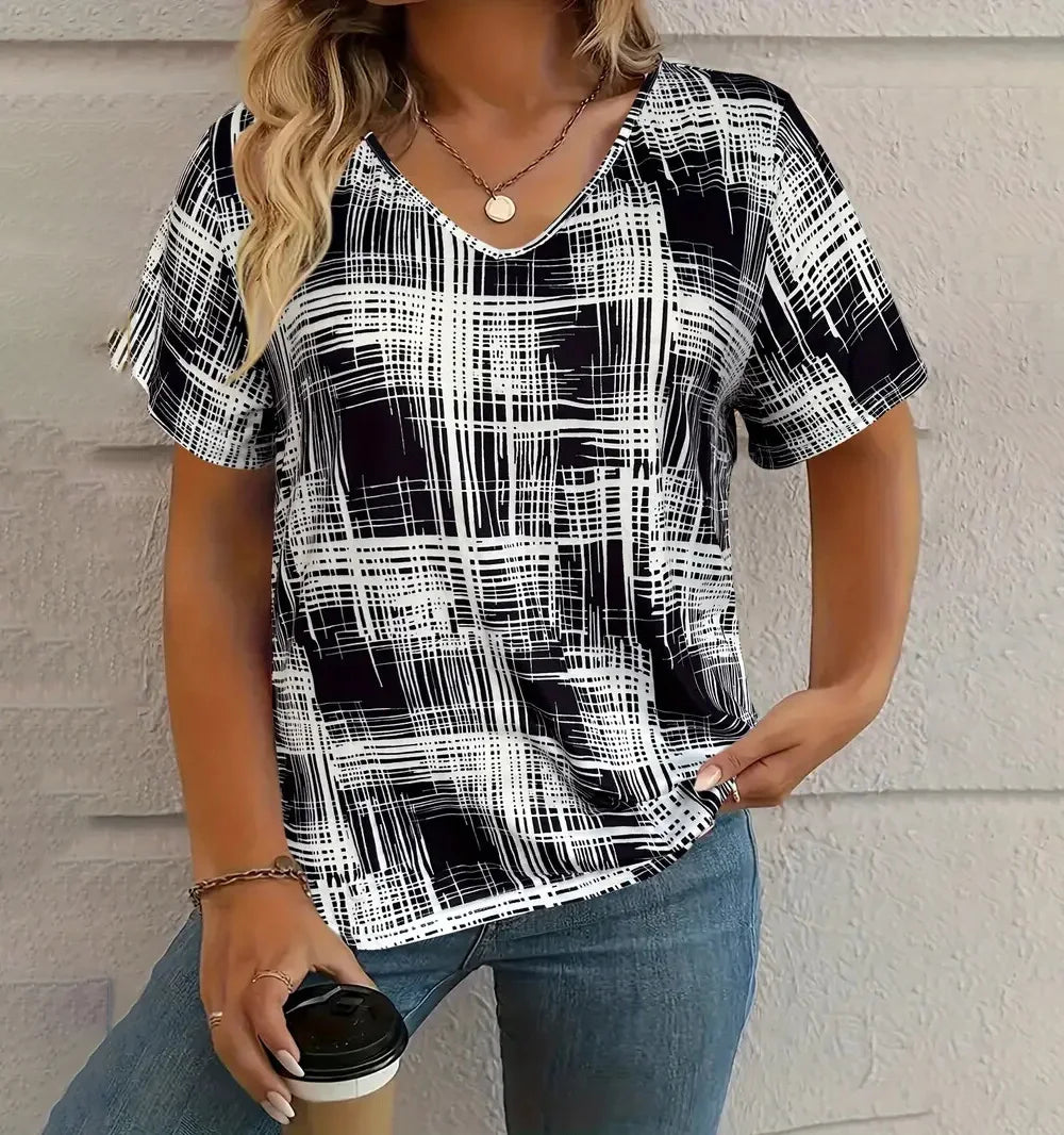 Summer Vintage Women's T-shirt Casual Plaid Pattern Printed Clothing