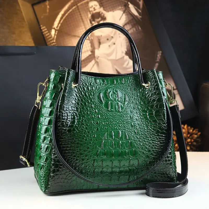 Genuine Leather Women’s Handbag – Retro Crocodile Bucket Bag