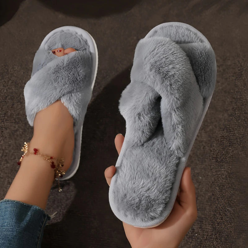 Cross Warm Slippers – Women’s Furry Flats