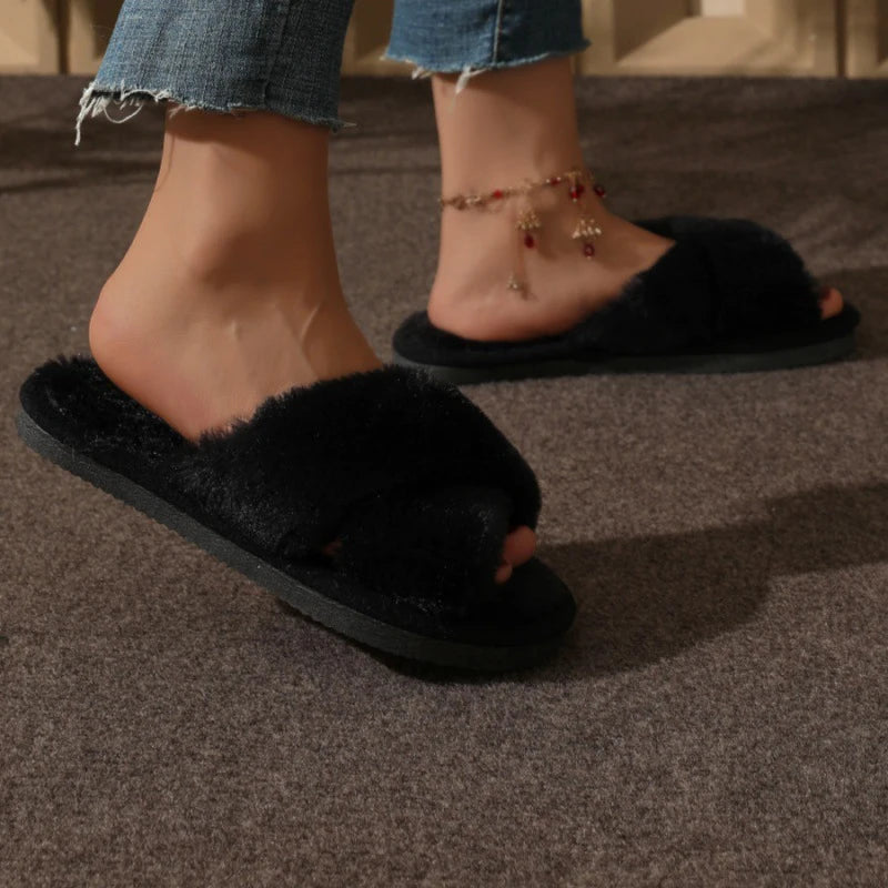 Cross Warm Slippers – Women’s Furry Flats