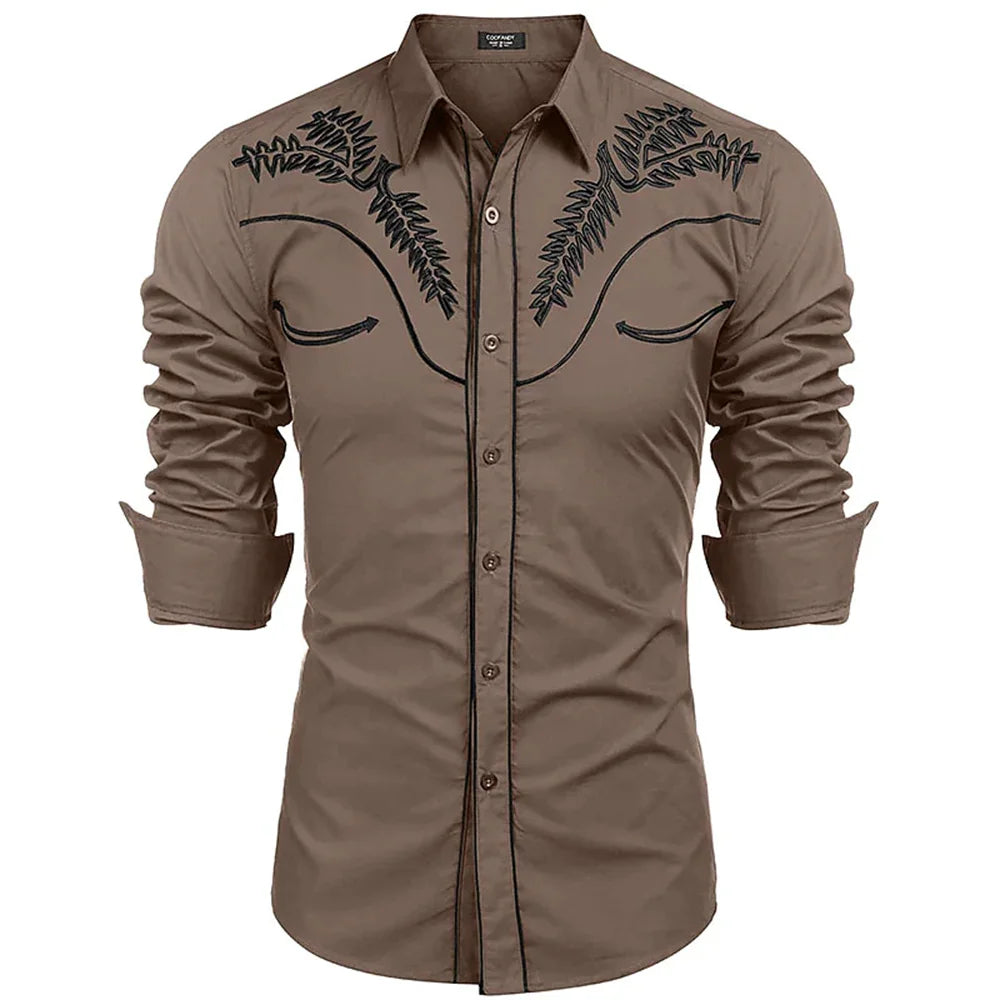 men's western printed long -sleeved lapel single -breasted shirt
