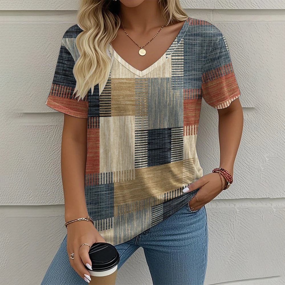 Summer Vintage Women's T-shirt Casual Plaid Pattern Printed Clothing