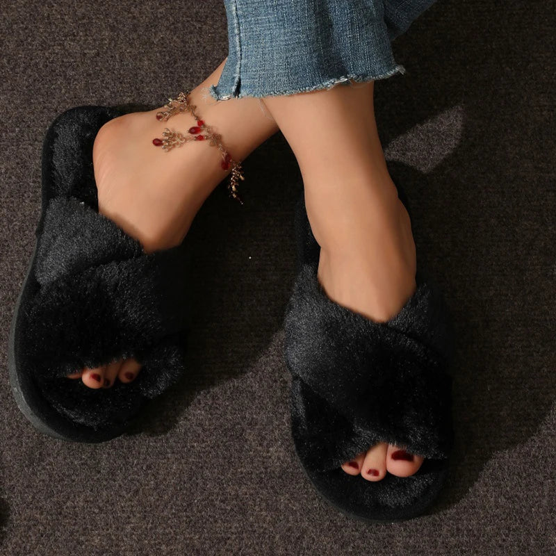 Cross Warm Slippers – Women’s Furry Flats