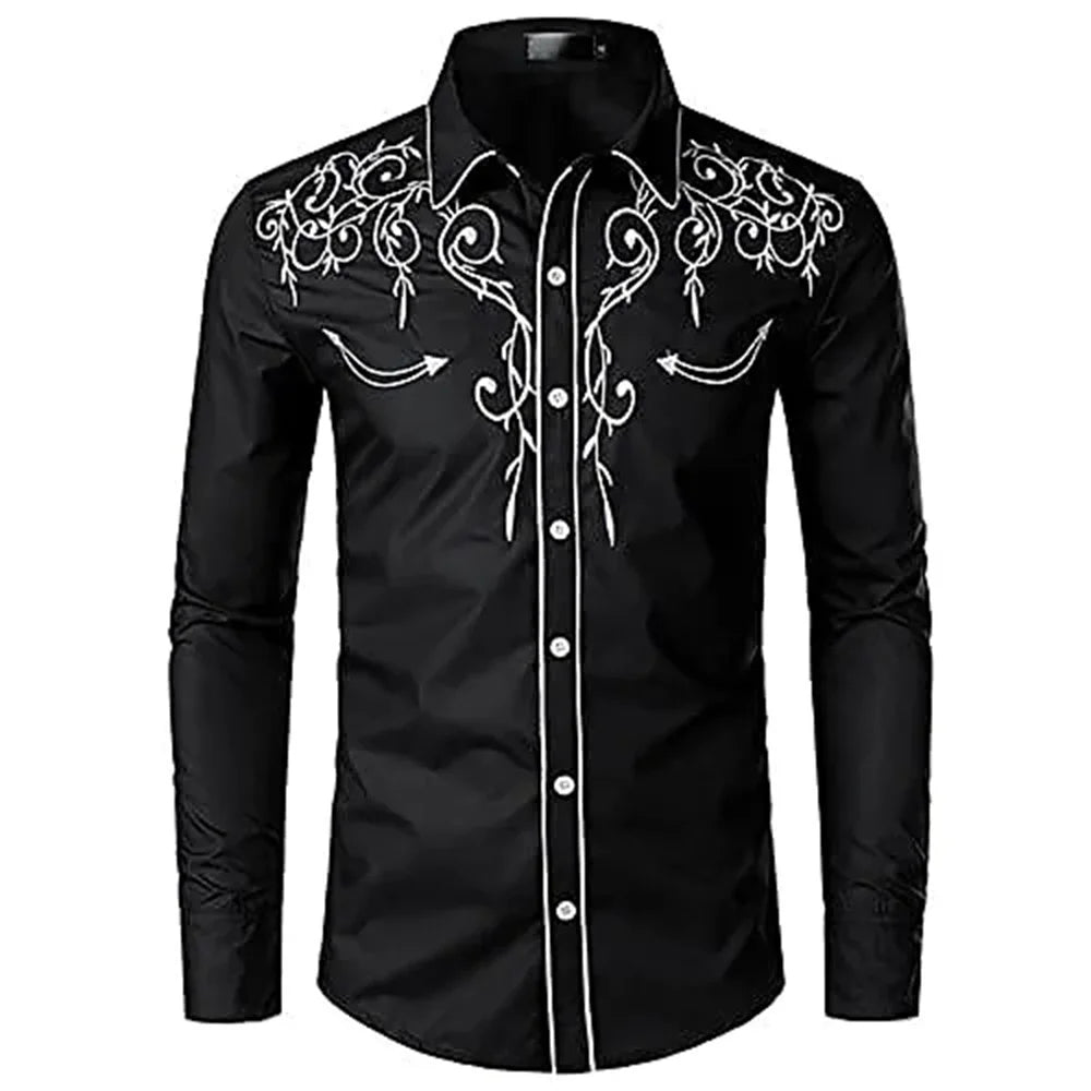 men's western printed long -sleeved lapel single -breasted shirt