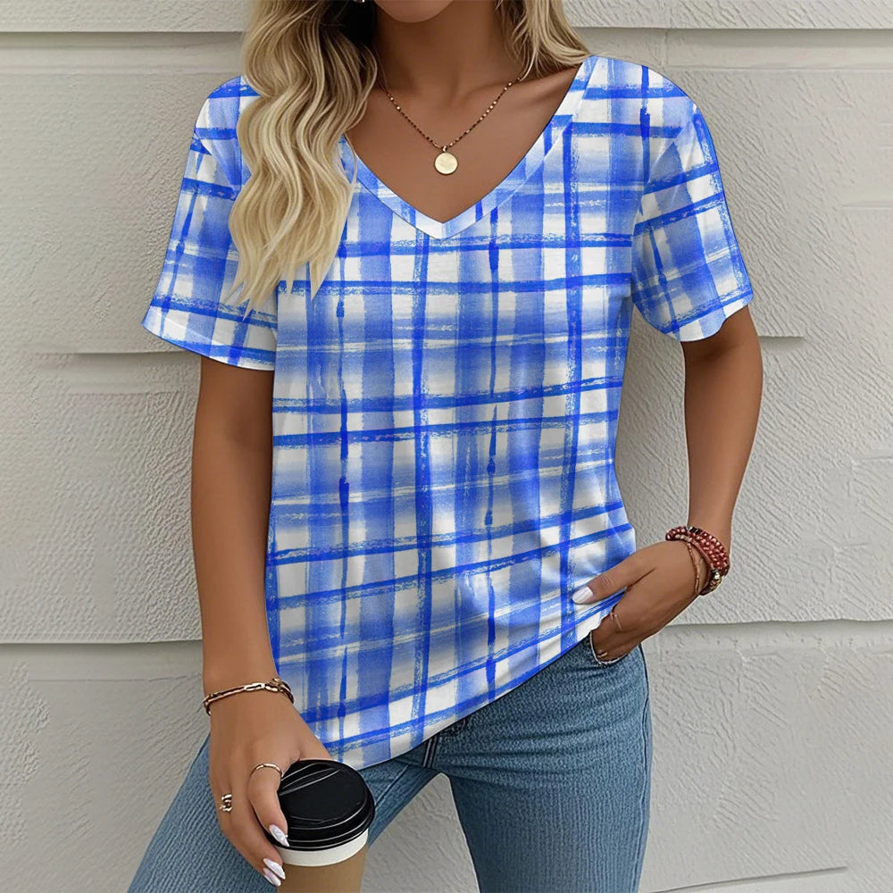 Summer Vintage Women's T-shirt Casual Plaid Pattern Printed Clothing