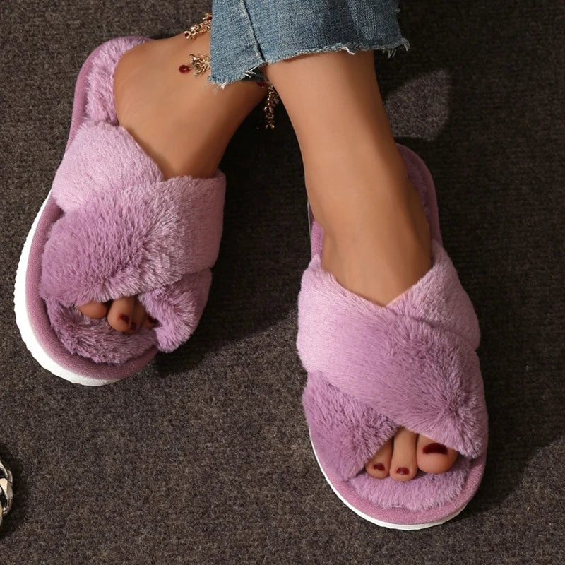 Cross Warm Slippers – Women’s Furry Flats