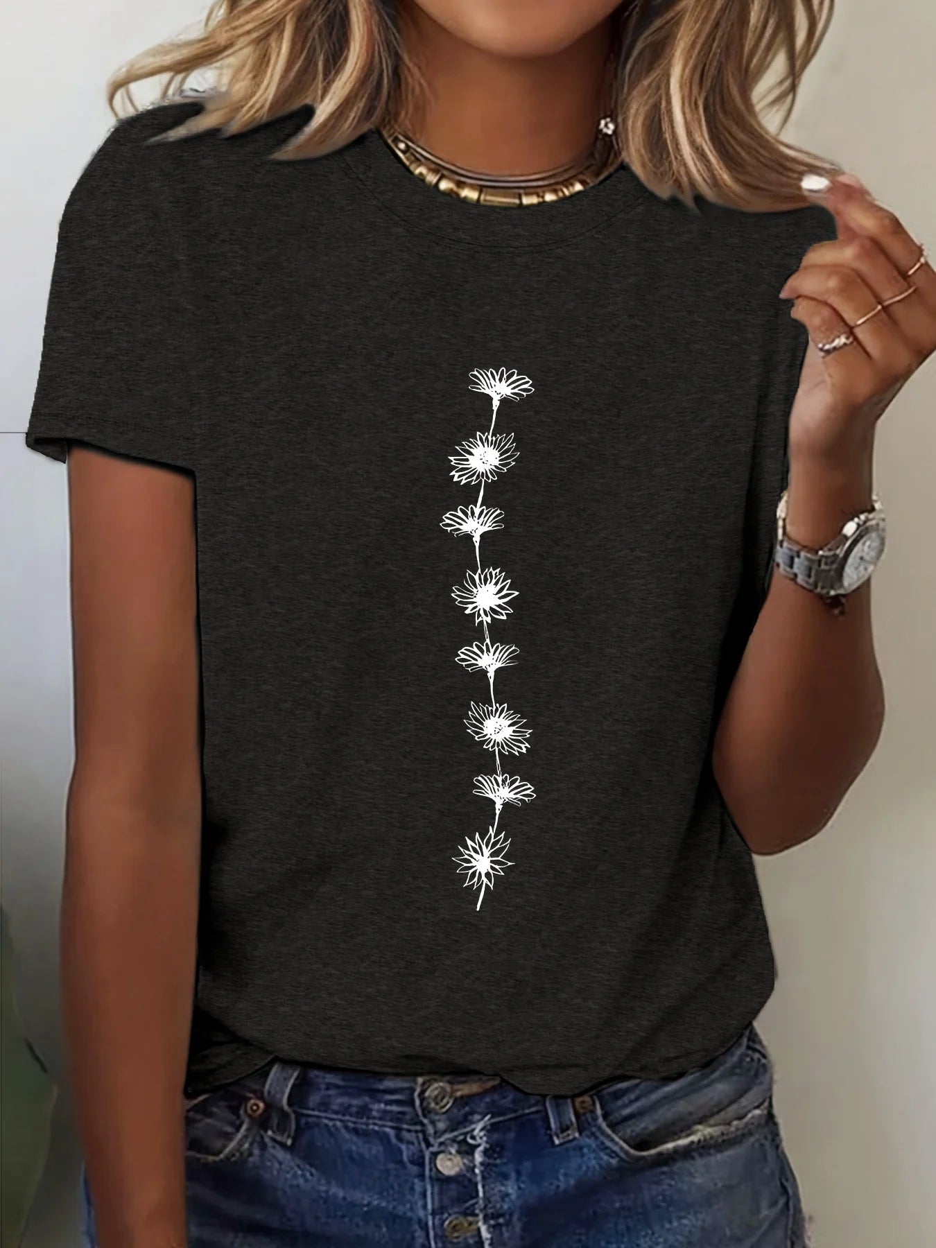 Women'S Casual Sunflower Print T-Shirt